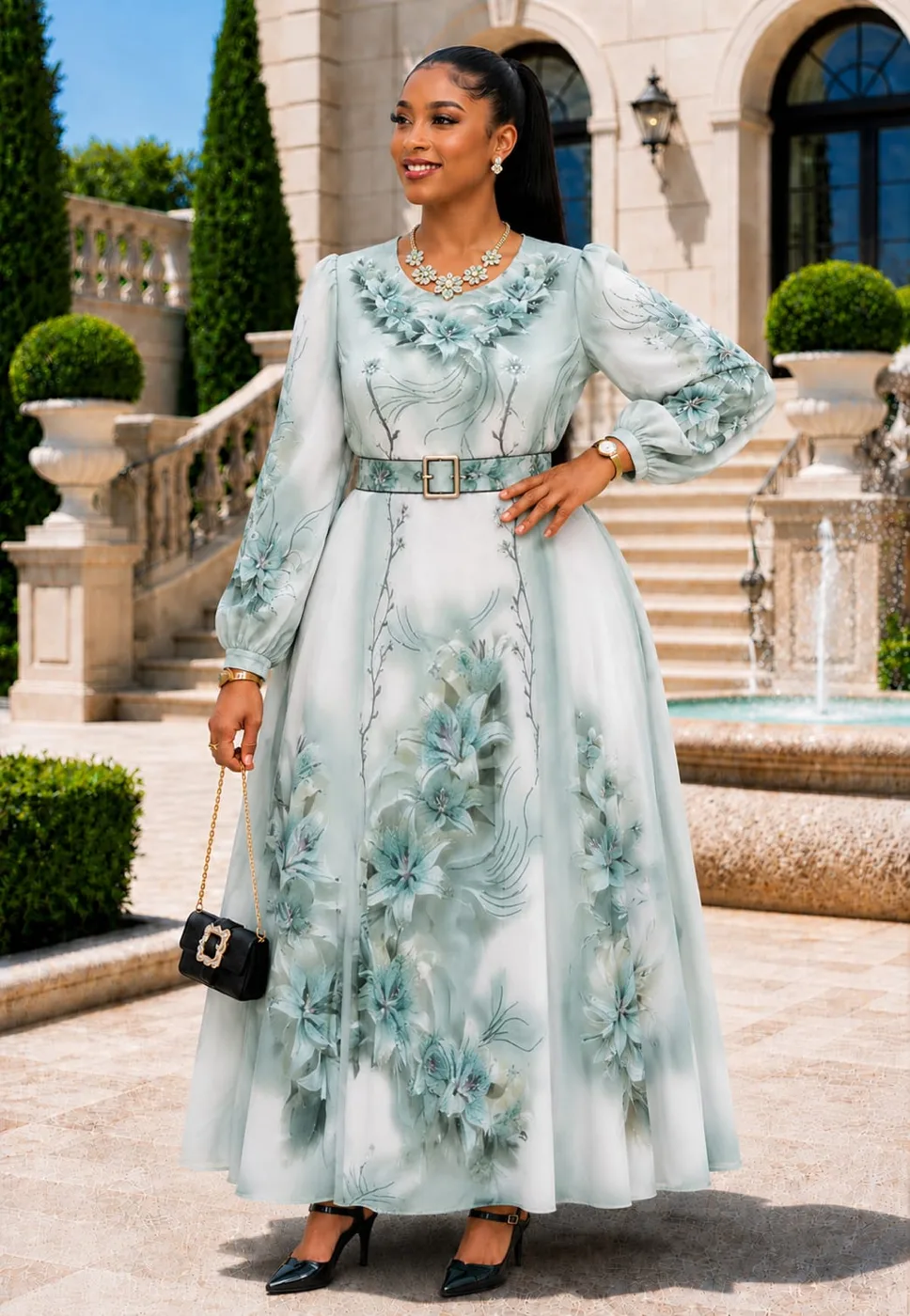 Floral chiffon maxi gown with sheer sleeves