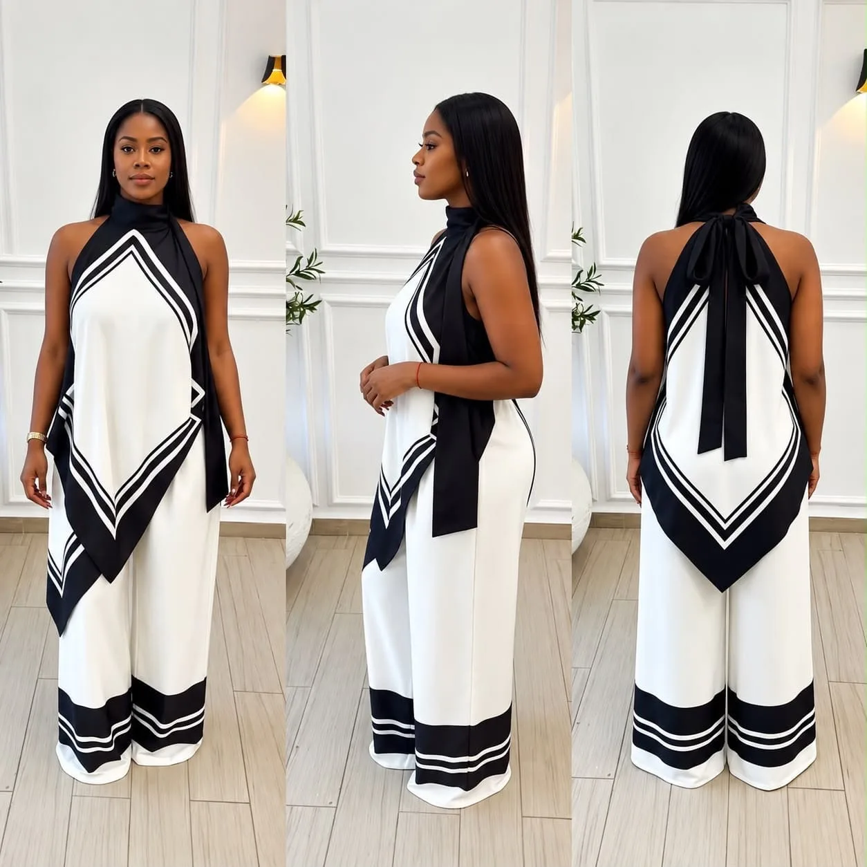 Halter Handkerchief-Hem Top & Wide-Leg Pants Set