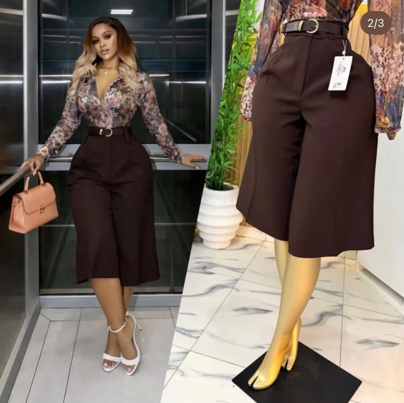 Brown high-waist belted culottes