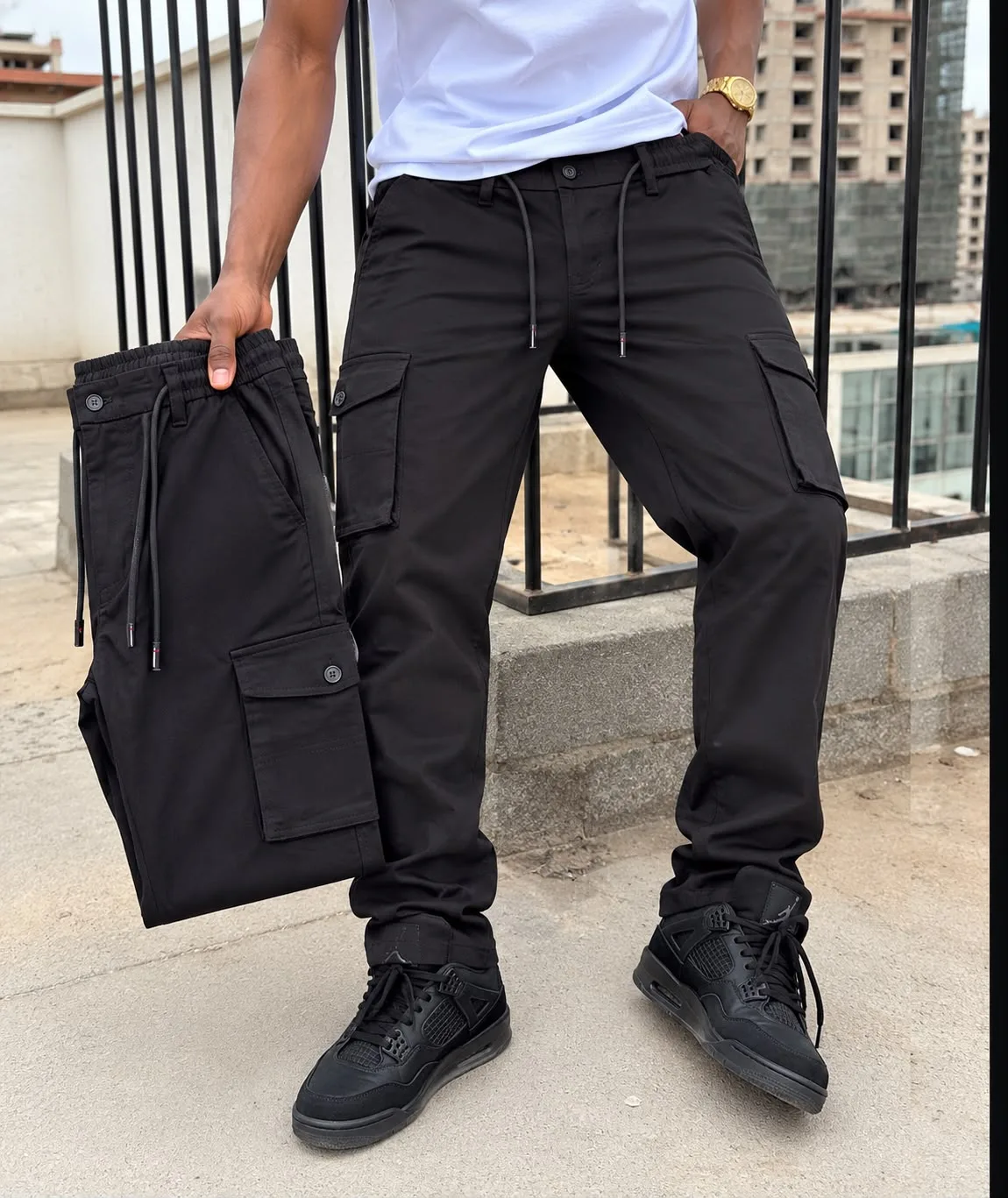 Black men's tactical drawstring cargo pants