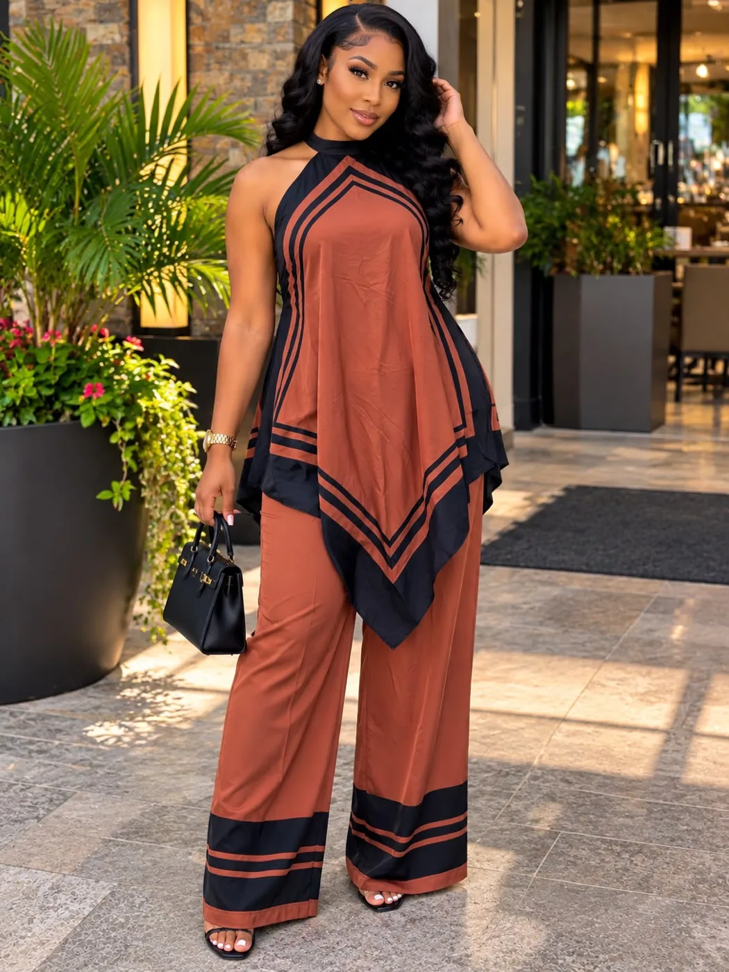 Scarf-Print Halter Top and Wide-Leg Set