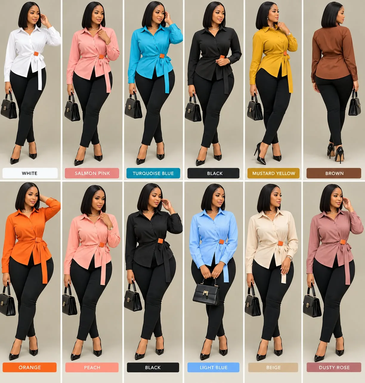 Tie-waist button-up blouse colour chart in 12 shades