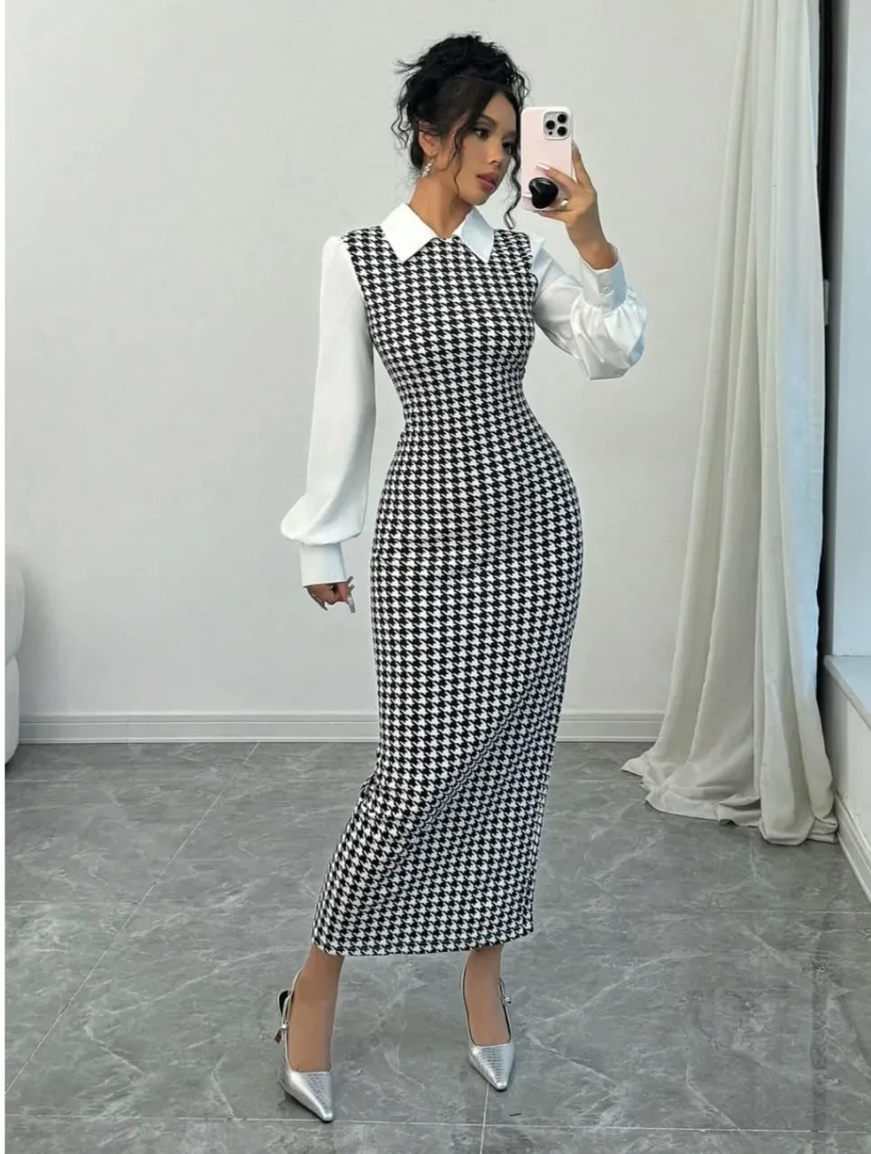 Women's Elegant Houndstooth Contrast Sleeve Midi Dress