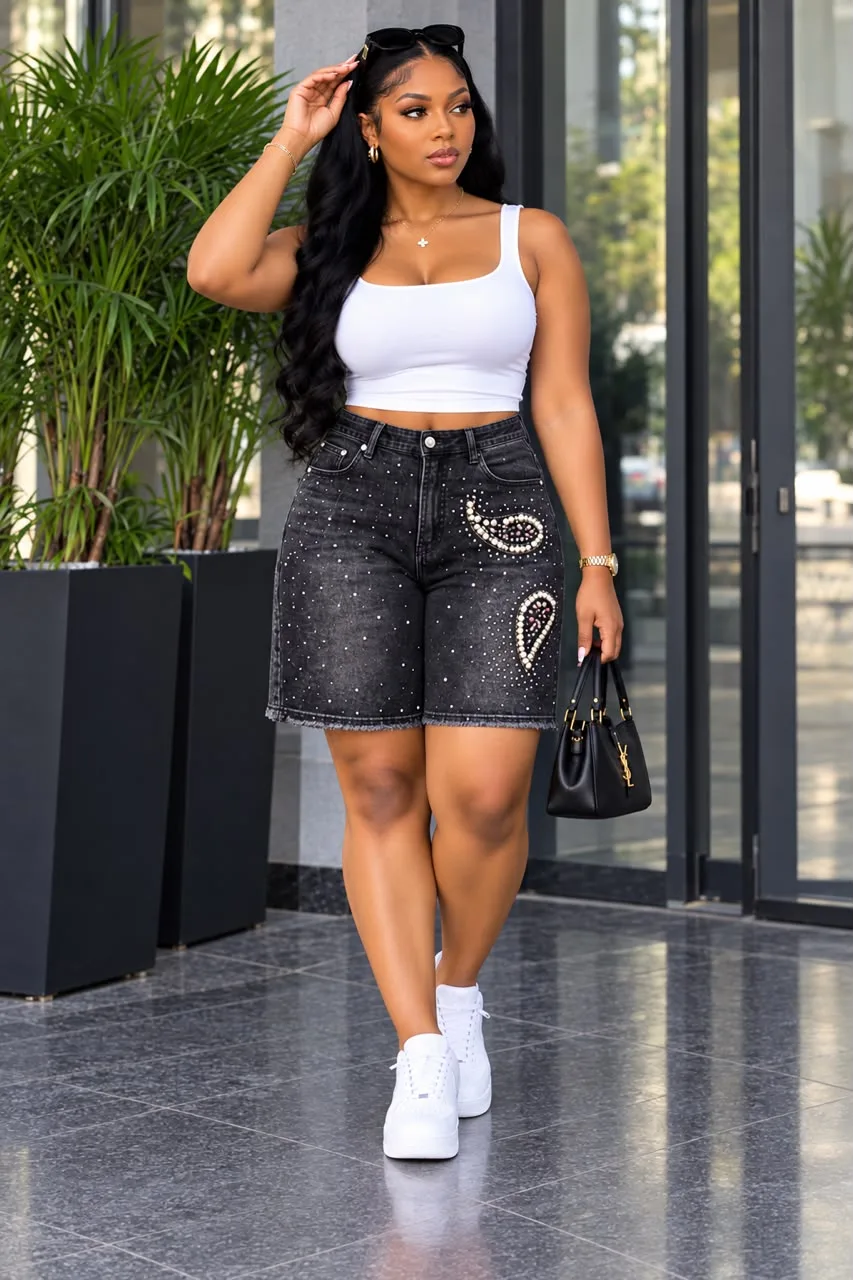 Black ripped denim shorts