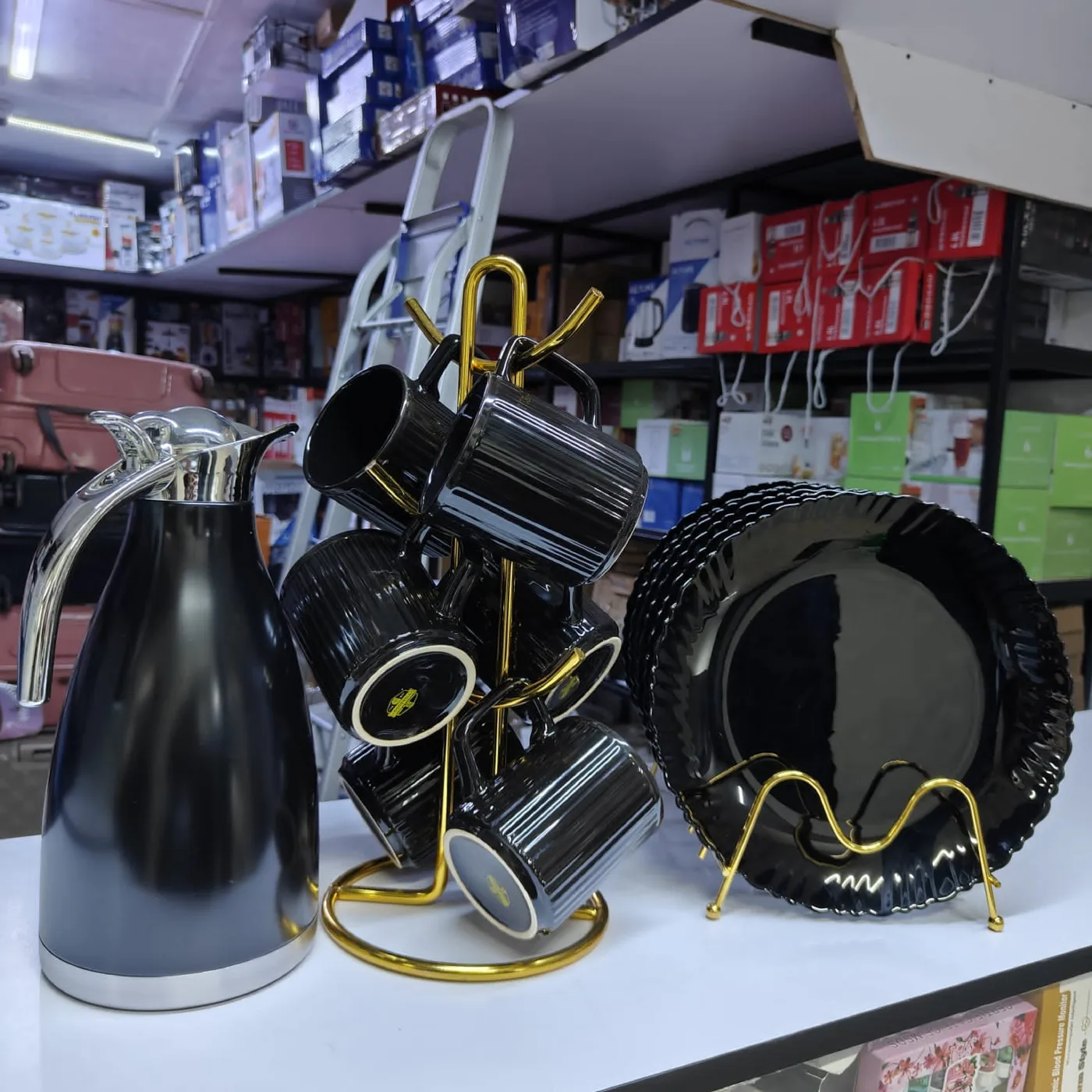 13-piece black breakfast set with flask, cups and plates