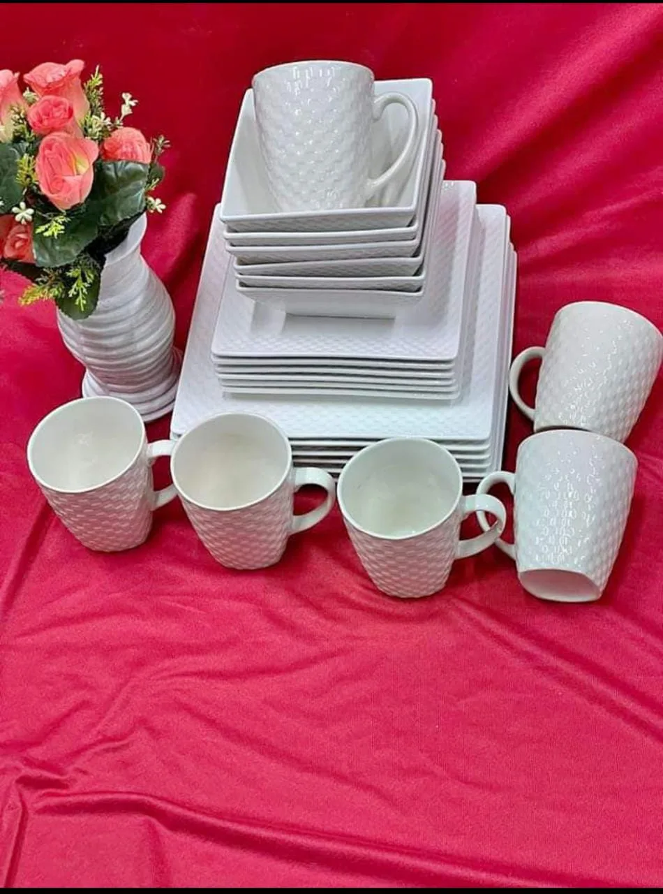 White textured square dinner set with mugs