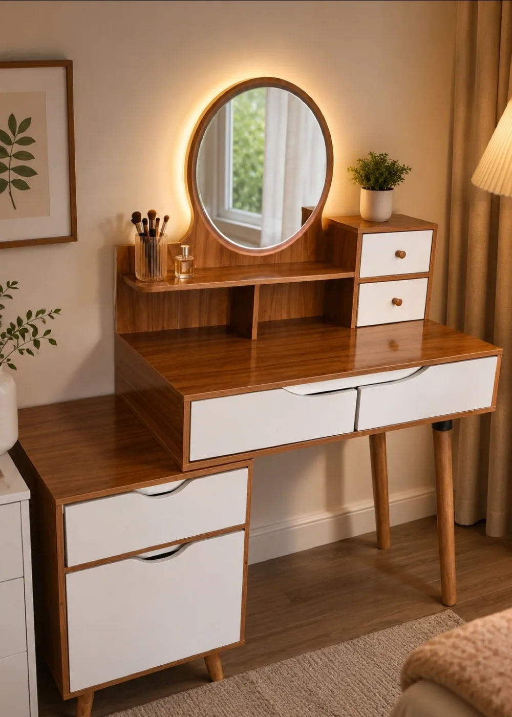 Wooden Dressing Table with Round Mirror